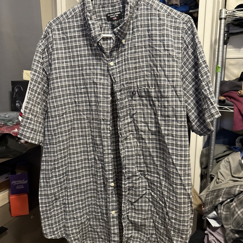 Vintage‎ Polo Ralph Lauren Shirt Mens X-Large Blue Green Tartan Plaid Flag 90s